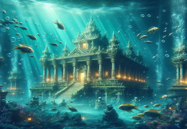 an underwater temple with fish swimming around