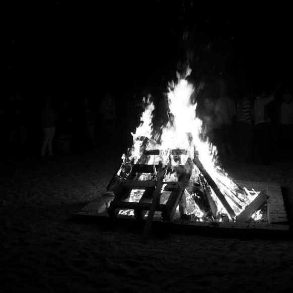black and white image of campfire