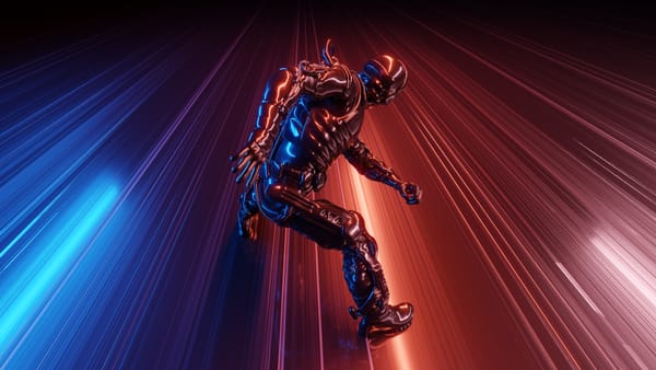 image of a person in an armoured suit jumping across a colour spectrum