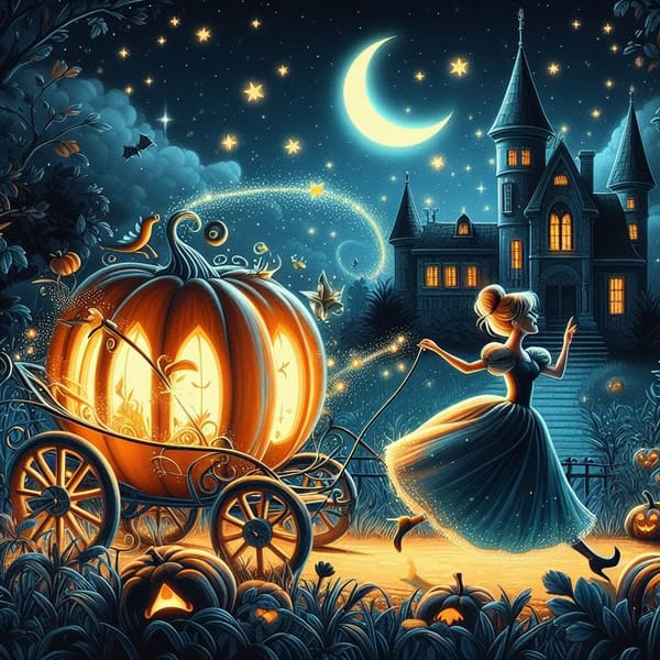 AI-generated image of Cinderella running away from her home puling a pumpkin chariot behind her