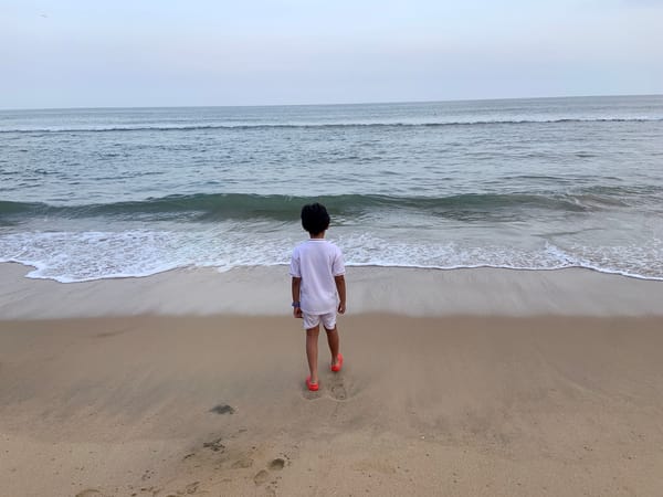 my child on a sandy beach looking out at a vast ocean