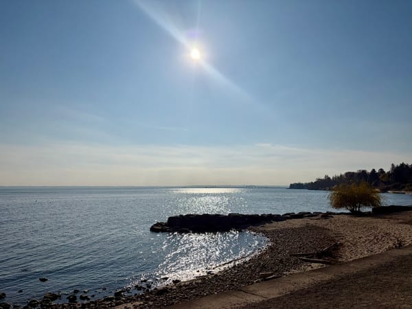 sun shining in a pale blue sky above the waters of Lake Ontario flanked by a curved strip of beach on the right side