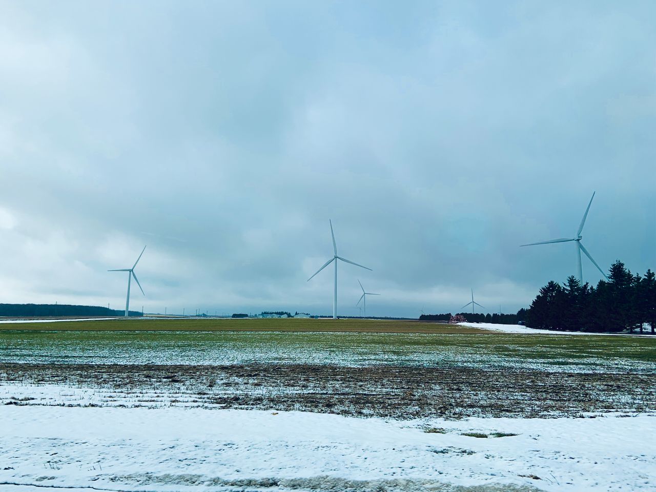Windmills on a snow-covered field