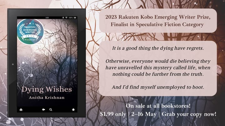 Header featuring ebook cover of Dying Wishes by Anitha Krishnan to announce it's on sale for $1.99